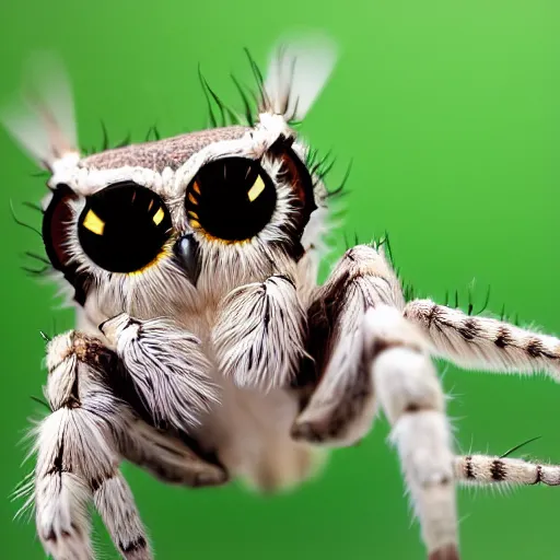 Image similar to jumping spider mixed with owl, cute creature, hybrid, anamorphic lens, bokeh, kodak color film stock, macro shot