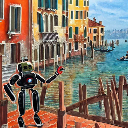 Prompt: a 1 8 th painting of a humanoid robots invasion in venice