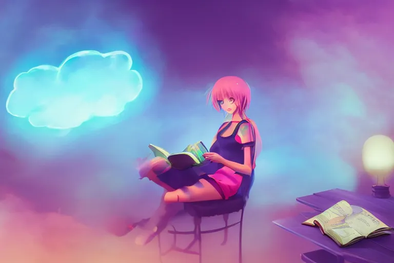 Image similar to a cute anime girl reading a book on a cloud relaxing, misty, glows, digital art, hazy, foggy, ambient lighting, 8 k, neon, synthwave,