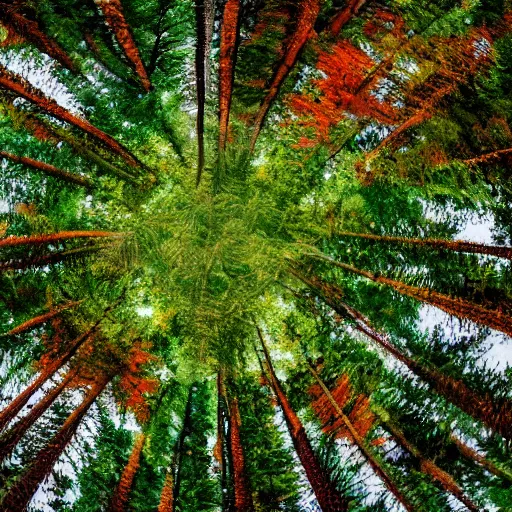 Prompt: looking up at the tops of trees in a forest, an ultrafine detailed painting by jon coffelt, shutterstock contest winner, generative art, multiple exposure, fisheye lens, high dynamic range