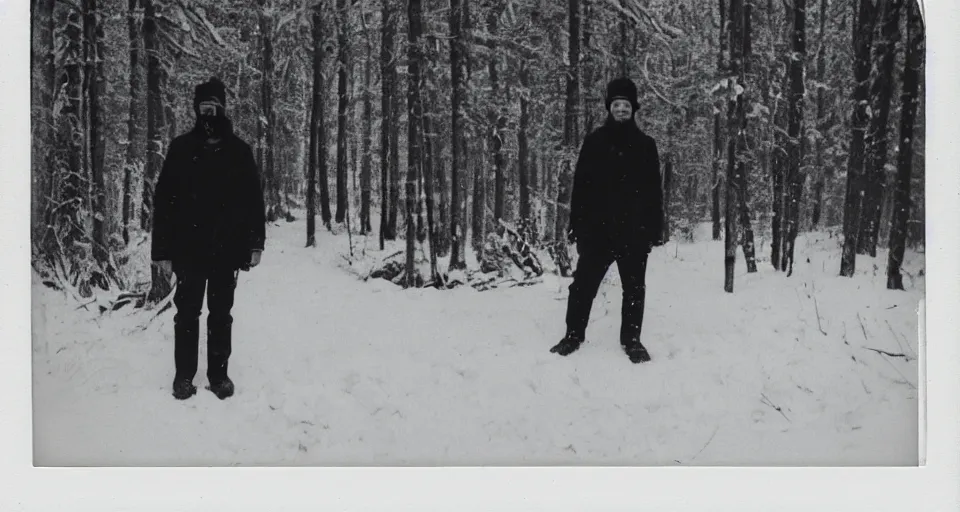 Image similar to vintage polaroid photograph of a man wearing black winter clothes and a black beanie in a snowy forest, standing next to a car