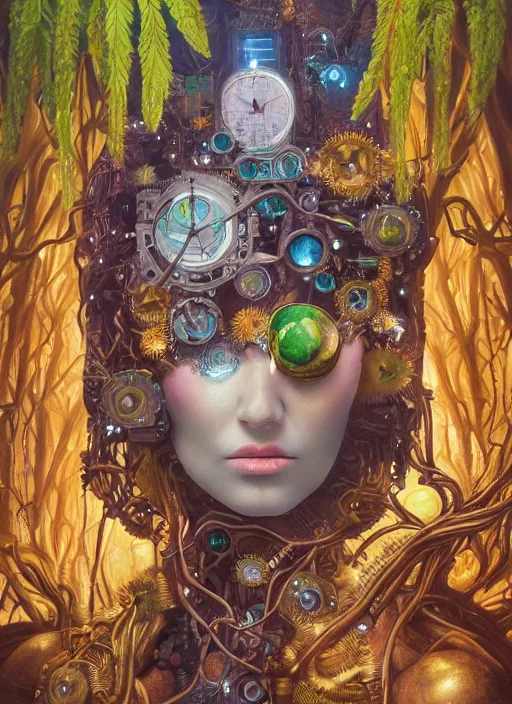 Image similar to oil painting of android woman covered by plants and crystals in the mystical forest, beautiful symmetrical face, renaissance style, wires and cords, golden steampunk, retro futurism, sci - fi, filigree jewellery, baroque, cinematic light, mystical shadows, 8 k