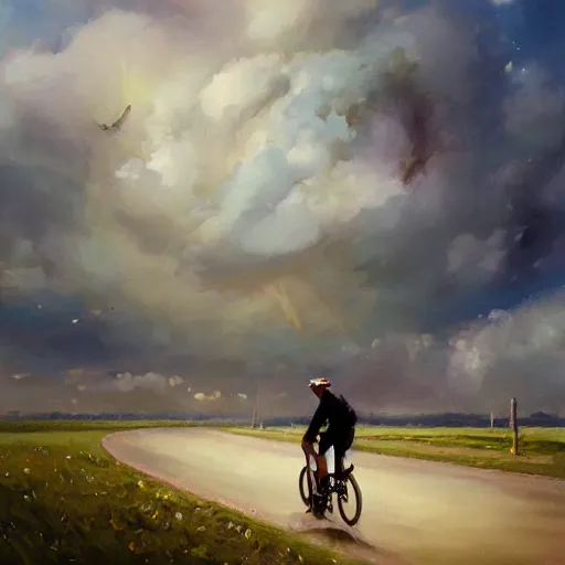 Image similar to A man riding his bicycle through the clouds in the sky, evokes feelings of wonder and amazement, an expressive oil painting by Krenz Cushart