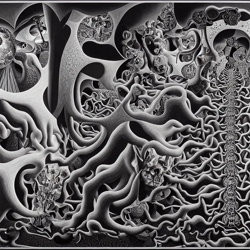 Prompt: infinite fractals of darkness, recursion, surreal, by salvador dali and mc escher and alex grey, oil on canvas, hd, dreams, intricate details, dark, vivid colors