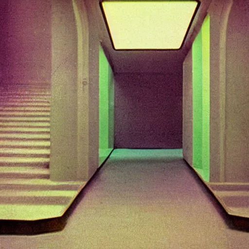 Image similar to noisy color photograph of a retrofuturist liminal space, staircase to the surface, minimalist, cinematic, soft vintage glow