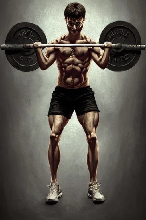 Prompt: highly detailed rendering of Daniel Radcliffe as Harry Potter doing barbell back squats, dingy gym, wearing a muscle tee shirt, symmetrical, highly detailed, digital painting, artstation, concept art, smooth, sharp focus, illustration, cinematic lighting, art by artgerm and greg rutkowski and alphonse mucha