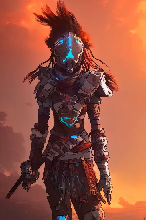 Image similar to combination suit armor aloy horizon forbidden west horizon zero dawn radiating a glowing aura global illumination ray tracing hdr fanart arstation by ian pesty and alena aenami artworks in 4 k tribal robot ninja mask helmet backpack