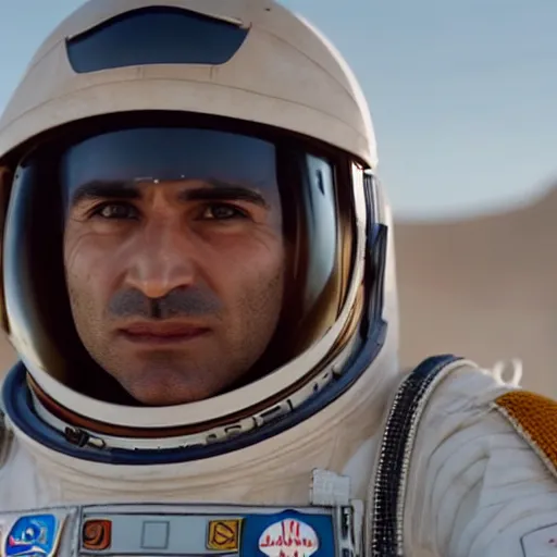 Prompt: close - up of a kurdish astronaut in a movie directed by christopher nolan, movie still frame, promotional image, imax 7 0 mm footage