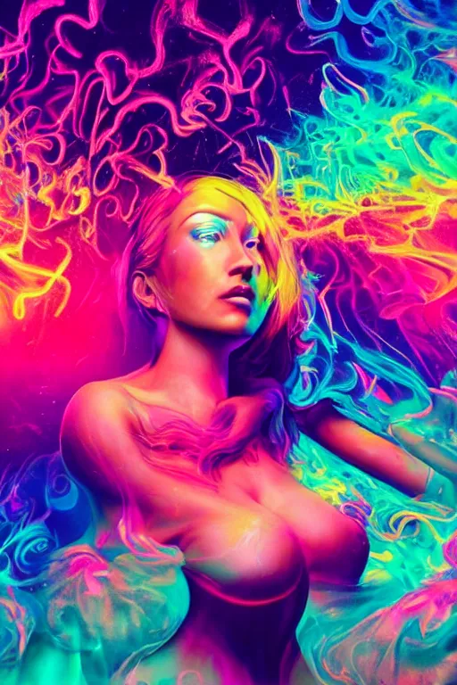 Image similar to a beautiful woman engulfed in colorful liquid clouds and neon smoke, extremely psychedelic experience, psilocybin, dmt, lsd, perfect face, synthwave, artstation, close - up, sharp focus, digital art, hana yata, and artem demura and beeple, lisa frank, cyberpunk, octane, unreal engine, 8 k