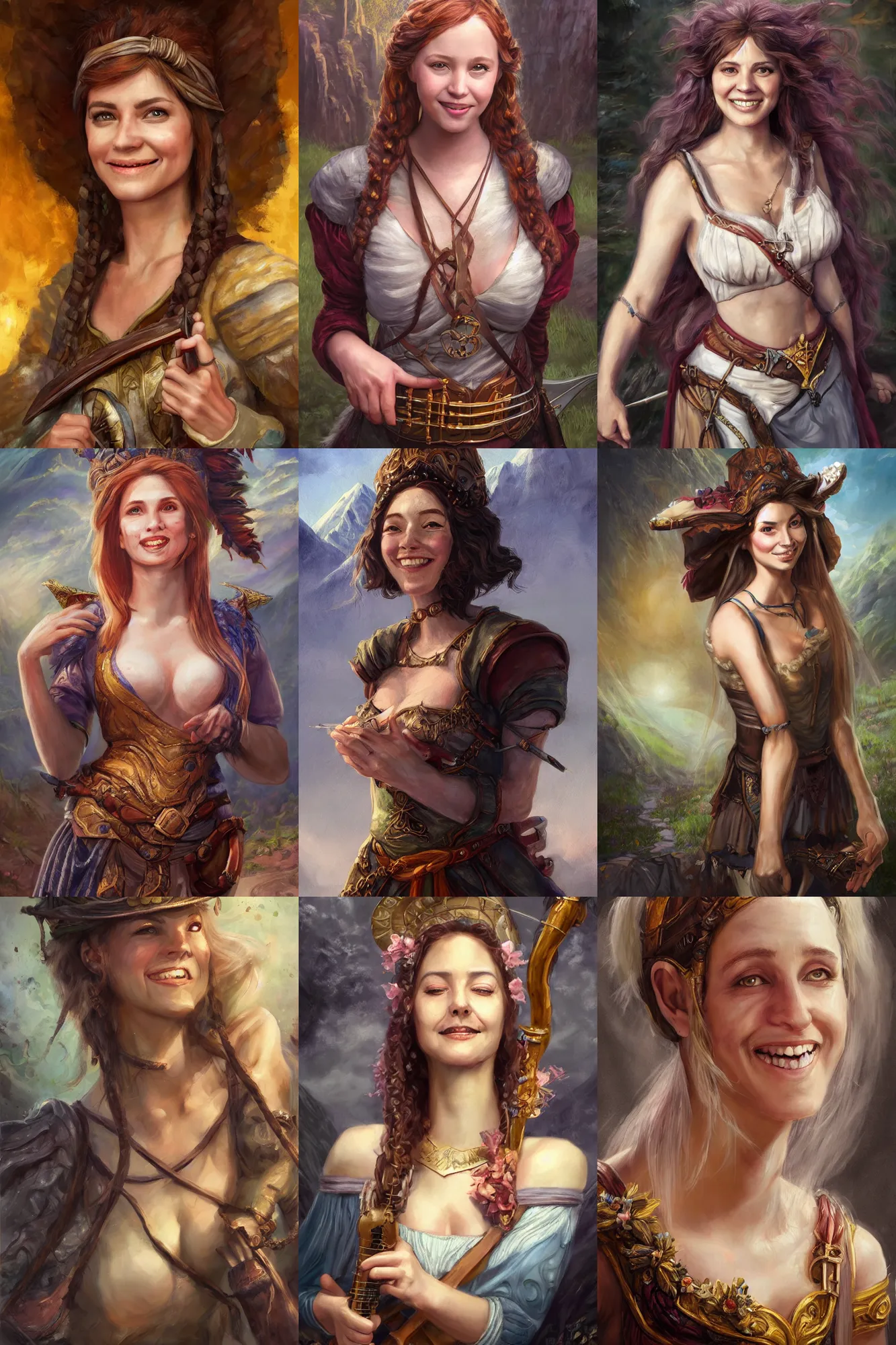 Image similar to a full body high detail fantasy portrait oil painting illustration of a single beautiful smiling bard woman by justin sweet with face and body clearly visible, in a scenic background, pretty eyes, realistic proportions, d & d, rpg, forgotten realms, artstation trending, high quality, sombre mood, artstation trending, muted colours, entire person visible!