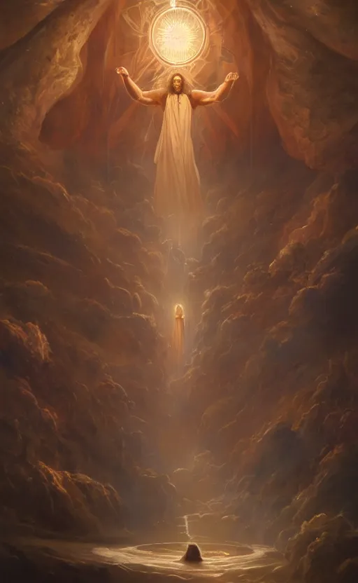 Prompt: jesus looking into a portal hopping and time warping with reckless abandon, masterpiece digital painting by Greg Rutkowski, Alex Grey, artstation, 4k wallpaper