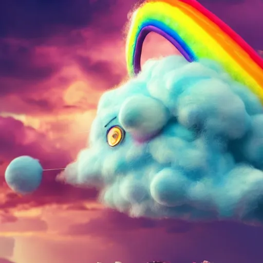 Image similar to cutest huge fantasy cloud animal, with sprouting rainbow hair, hd, japanese anime artist drawn, dlsr, dream animal cute eyes, trending on artstation, cotton candy, octane render, cinematic