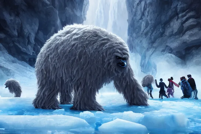 Image similar to a group of tourists discover a shy yeti behind blocks of ice, concept art, digital painting, trending on artstation, deviantart, highly detailed, perfect composition, dramatic lighting, sharp focus, 8 k uhd