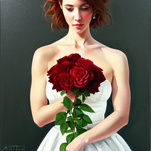 Image similar to portrait of a gorgeous woman holding a bouquet of roses in the style of stefan kostic, auburn hair, intricate, white dress, elegant, highly detailed, 8 k, art by artgerm, mark hill