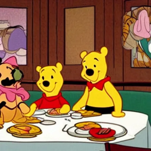 Image similar to Winnie the Pooh invites Tiger and Piglet to dine in a very fancy restaurant.