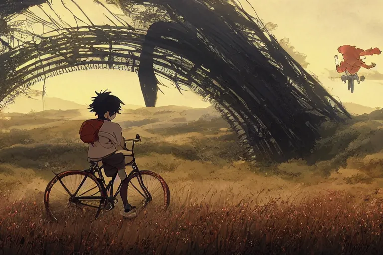 Prompt: a boy riding his bike alone through the plains of temple japan, high intricate details, rule of thirds, golden ratio, cinematic light, anime style, graphic novel by fiona staples and dustin nguyen, by beaststars and orange, peter elson, alan bean, studio ghibli, makoto shinkai