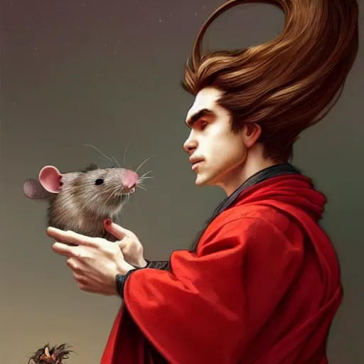 Prompt: portrait of a rat with a humanoid face, male, handsome, full body, furry chest, red hair, long hair, soft hair, fantasy, red kimono, intricate, elegant, highly detailed, suit, digital painting, artstation, concept art, character art, smooth, sharp focus, illustration, art by artgerm and greg rutkowski and alphonse mucha