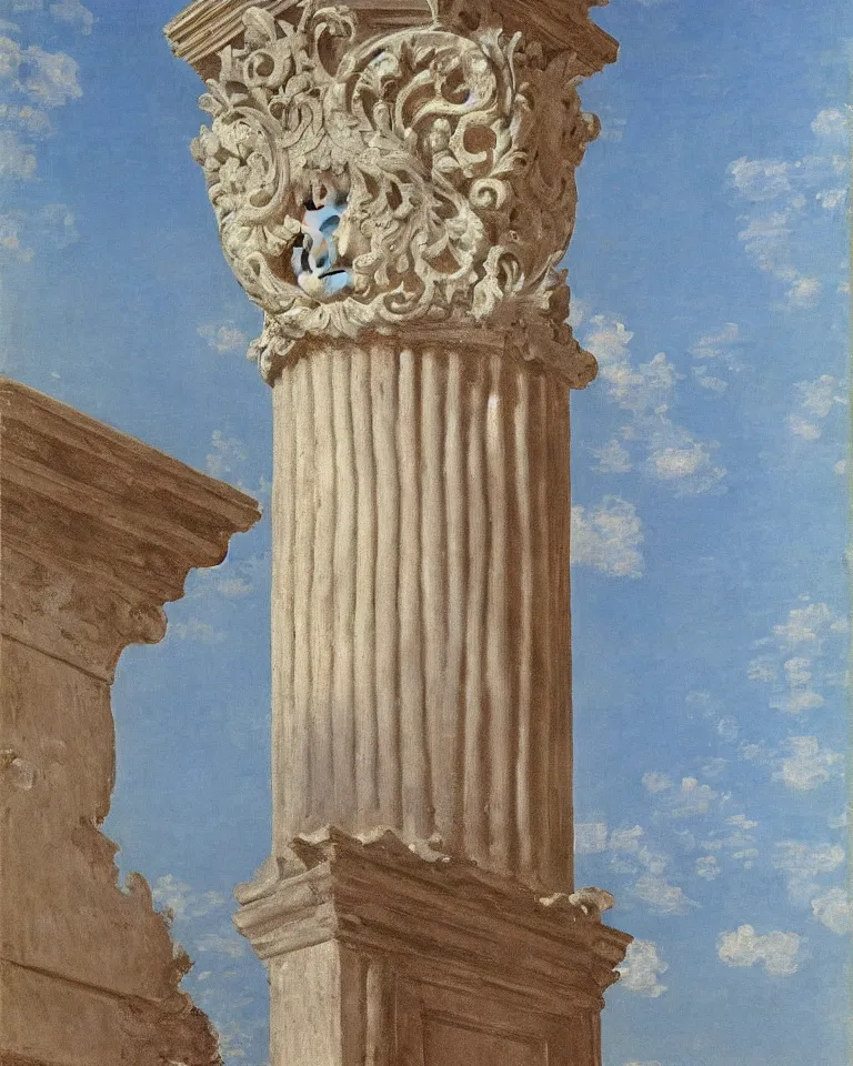 Image similar to achingly beautiful painting of intricate ancient roman corinthian capital on a baby blue background by rene magritte, monet, and turner. giovanni battista piranesi.