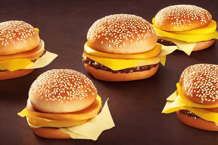 Prompt: mcdonalds stacked cheese slices between sesame seed buns, commercial photograph