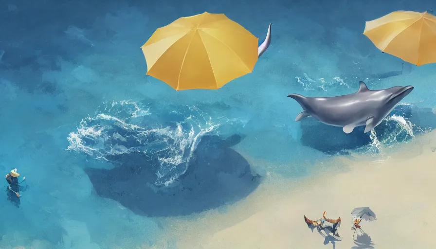 Image similar to craig mullins and ghibli digital illustration of, a dolphin in the blue dotted water, modern beach ， many umbrellas, white waves ， yellow gravel corals and schools of fish unreal engine, hyper realism, realistic shading, cinematic composition, realistic render, octane render, detailed textures, photorealistic, wide shot