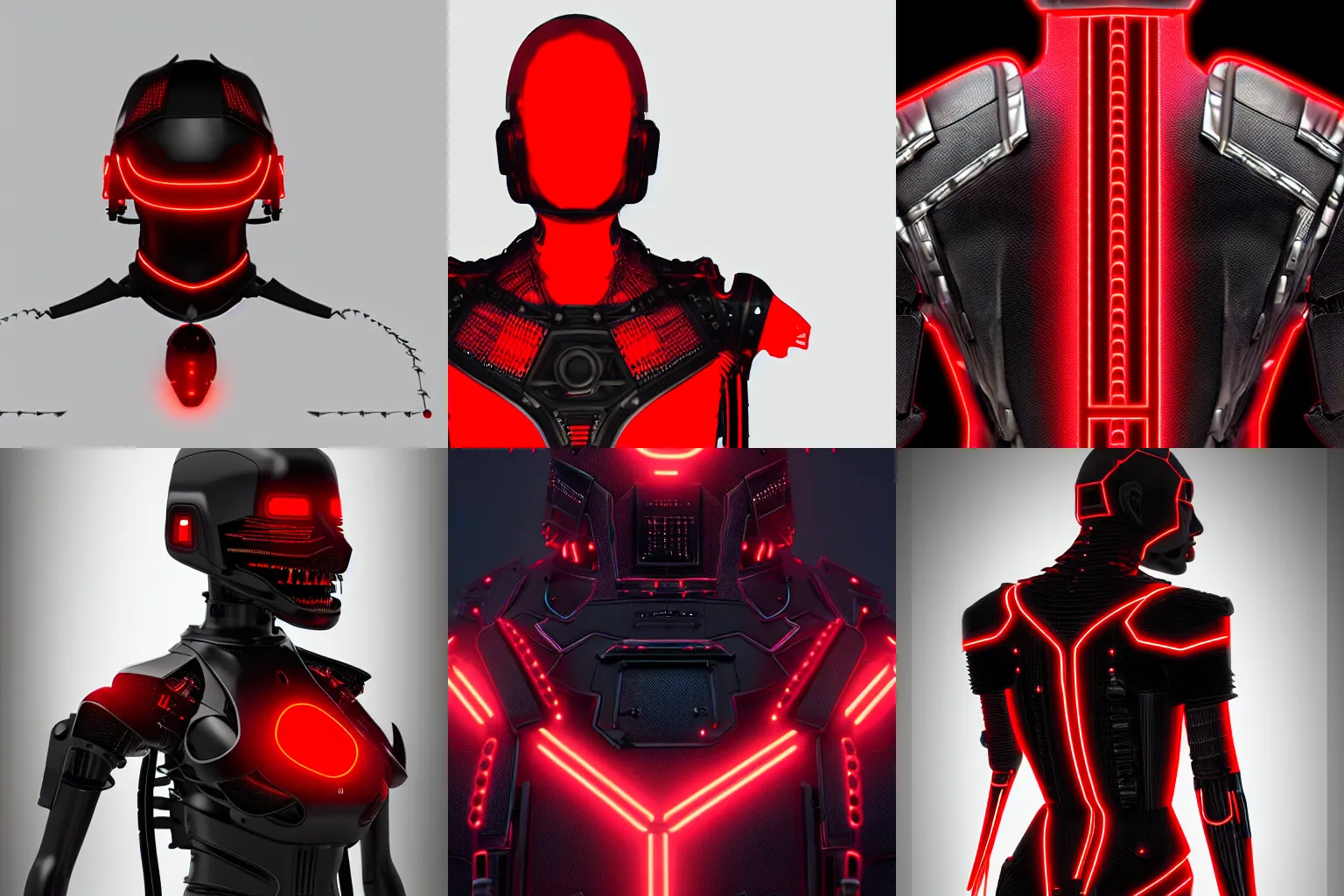 Prompt: terrifying ominous evil resonant high tech armored imperial control collar in black and red, full borg hyper detailed, wires and cables from the back of the neck, high octane cybernetics, featured on cgsociety, ultra 4 k concept turnaround
