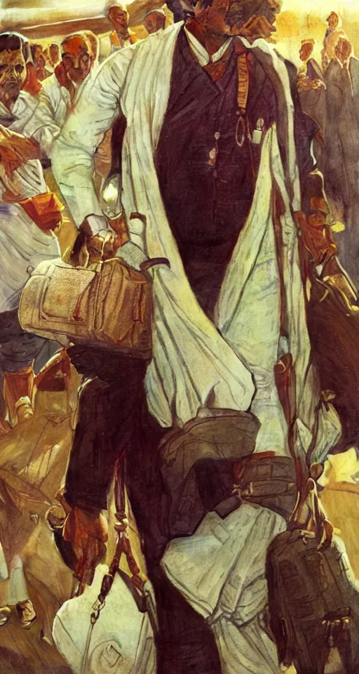 Image similar to close up of an Indian doctor disembarking from an airplane at Heathrow, sun shining, photo realistic illustration by greg rutkowski, thomas kindkade, alphonse mucha, loish, norman rockwell.