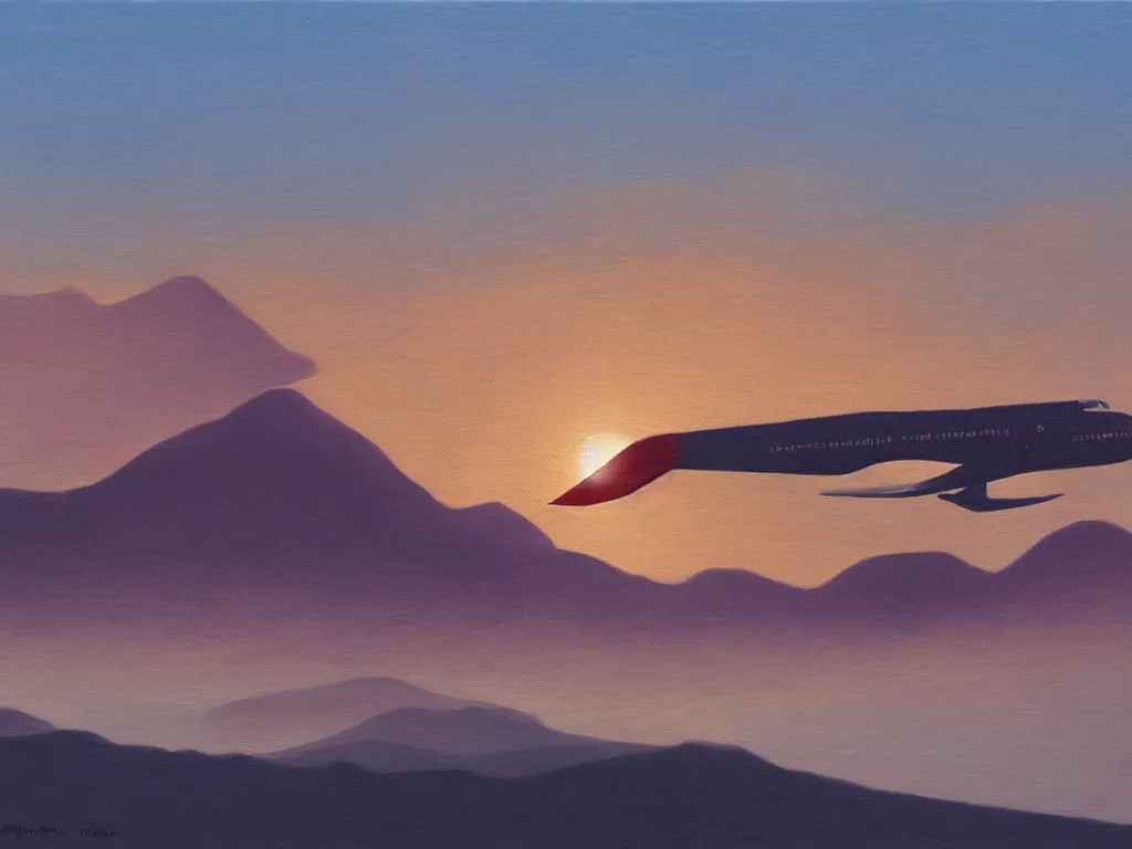 Image similar to single airbus airplane on runway at sunrise, mist. hills in the background. painting by moebius