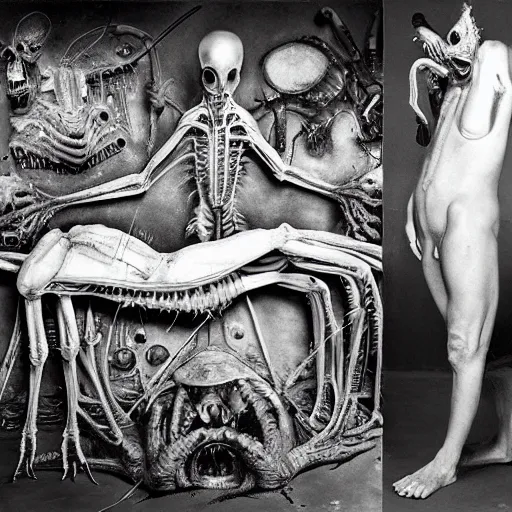 Prompt: alien dissection, wide angle, Cronenberg, black and white photo by Joel Peter Witkin