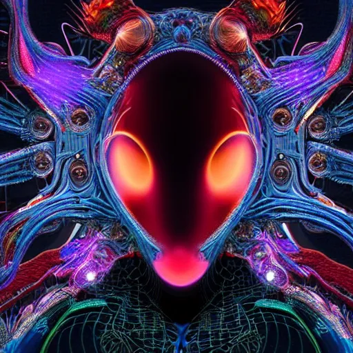 Image similar to Face of a Alien Deity, centered, corals, plume made of geometry, extremly detailed digital painting, sharp focus in the style of android jones, artwork of a futuristic artificial intelligence superstar with frames made of detailed circuits, mystical colors, rim light, beautiful lighting, 8k, stunning scene, raytracing, octane, under water visual distortion, dark tones colors, trending on artstation