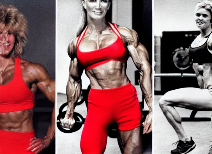 Image similar to Photos from the 80's. A muscular woman in red athletic wear is working out in the gym.