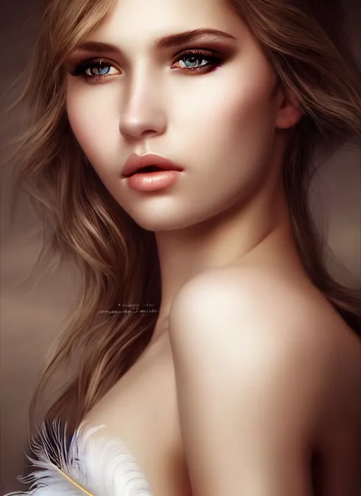 Image similar to a gorgeous female photo, professionally retouched, soft lighting, wearing a feather dress, realistic, smooth face, perfect eyes, wide angle, sharp focus on eyes, 8 k high definition, insanely detailed, intricate, elegant, art by artgerm and stefan kostic
