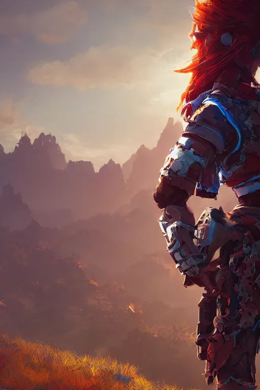 Image similar to combination suit armor aloy horizon forbidden west horizon zero dawn radiating a glowing aura global illumination ray tracing hdr fanart arstation by ian pesty and alena aenami artworks in 4 k tribal robot ninja mask helmet backpack