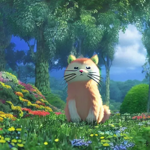 Image similar to furr creature in the flowers made by studio ghibli, beautiful scene, detailed, high quality