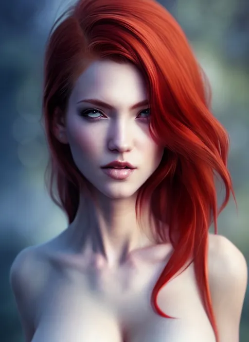 Image similar to photo of gorgeous woman with half white half red hair in the style of stefan kostic, realistic, half body shot, sharp focus, 8 k high definition, insanely detailed, intricate, elegant, art by stanley lau and artgerm, foggy backgeound