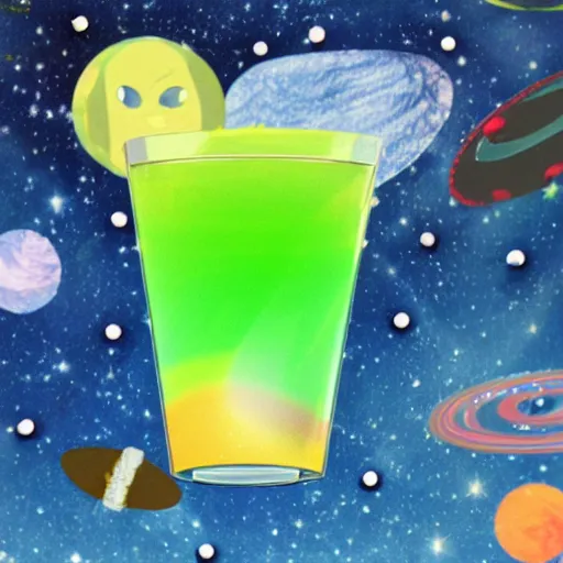 Prompt: a sentient glass of koolaid floating in space