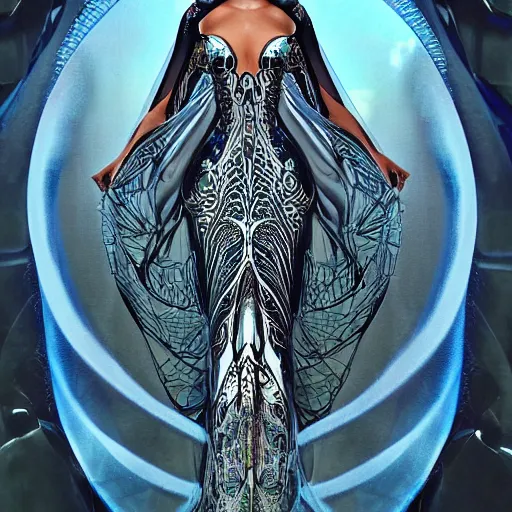 Image similar to a beautiful arabian woman wearing a futuristic dress by alexander mcqueen, artgerm, alex gray, android jones, fashion show, futuristic, organic dress, seamless pattern, concept art, fantasy