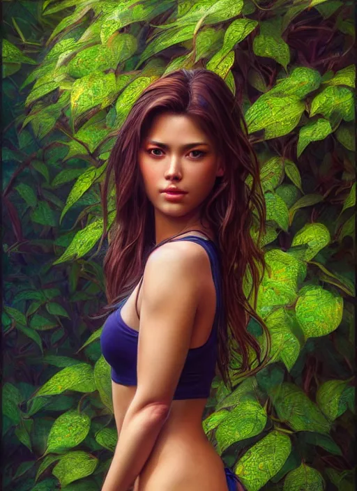 Image similar to photo of a gorgeous female in the style of stefan kostic, realistic, half body shot, sharp focus, 8 k high definition, insanely detailed, intricate, elegant, art by stanley lau and artgerm, extreme bokeh foliage