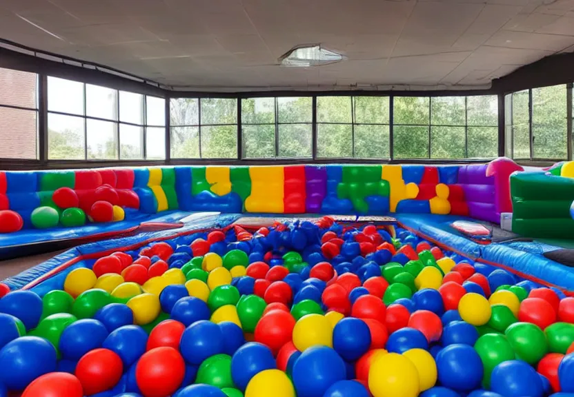 Image similar to A bouncy house with a ball pit and a large black trampoline next to it inside a big empty room with light coming through windows