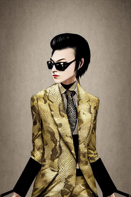 Image similar to yakuza slim girl, gold suit jacket in snake print, jacket over bare torso, yakuza tattoo Irezumi on body, black short curtain haircut, black leather pants with black belt, portrait, beautiful face, elegant, 2d, ultra highly detailed, digital painting, smooth, sharp focus, artstation, art by Ilya Kuvshinov, rossdraws