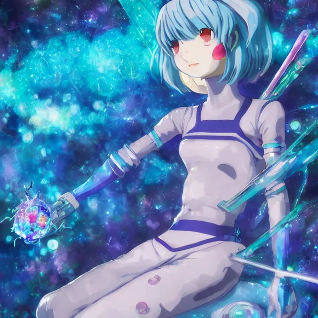 Image similar to rei ayanami, deep space, seascape, grimes, silver hair, shikinami asuka langley, card captor sakura, bunny ears, cosmos, psychedelic flowers, black opal, rainbow aura quartz, organic, oni compound artwork, of character, render, artstation, portrait, wizard, beeple, art, fantasy, epcot, psychedelic glitchcore