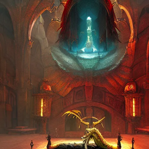 Prompt: The dragon of time in his otherworldly throne room by Marc Simonetti