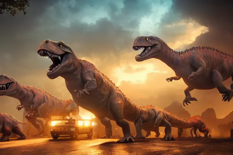 Image similar to dinosaurs parade through town road, hyper realistic, ambient lighting, concept art, intricate, hyper detailed, smooth, dynamic volumetric lighting, octane, raytrace, cinematic, high quality, high resolution, 4 k, cgsociety, rutkowski, gurney, julius csotonyi paleoart