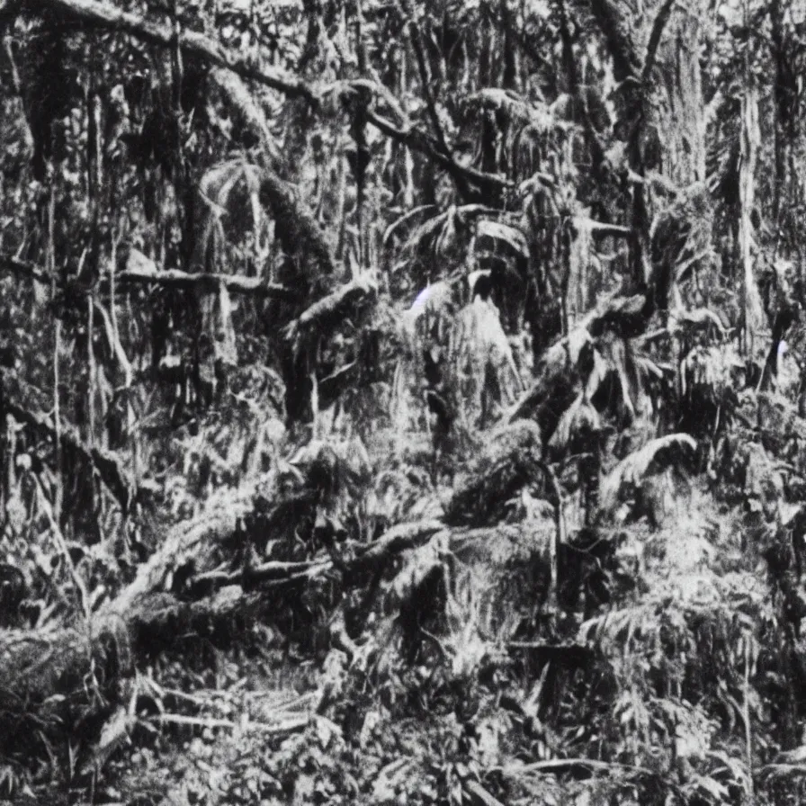 Image similar to a lost film footage from an object used by an indigenous tribe in the tropical forest, film still, cinematic, out of focus, enhanced, 1 9 2 0 s, black and white, grain