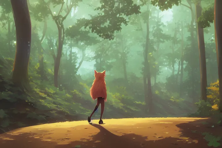 Image similar to an anthropomorphic fox traveler walks along an endless path amongst a towering forest, anime key visual, lois van baarle, ilya kuvshinov, rossdraws, artstation, furaffinity