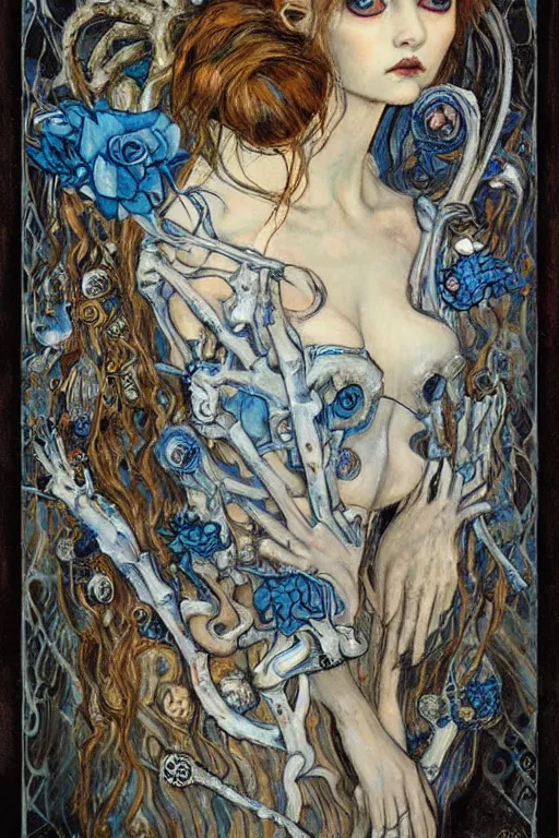 Prompt: The Princess of Bones by Karol Bak, Jean Deville, Gustav Klimt, and Vincent Van Gogh, portrait of a porcelain doll princess wearing a crown, porcelain ball-joint doll face with blue painted tattoos, pale blue eyes, mystic eye, otherworldly, crown made of bones, ornate jeweled crown, skulls, fractal structures, arcane, inscribed runes, infernal relics, ornate gilded medieval icon, third eye, spirals, rich deep moody colors