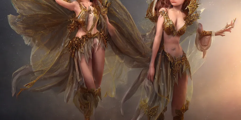 Image similar to fairy girl emperorit is decorated with long robes that fall like stars and wears a huge crown. fantasy art, photo realistic, dynamic lighting, artstation, poster, volumetric lighting, very detailed faces, 4 k, award winning, blender