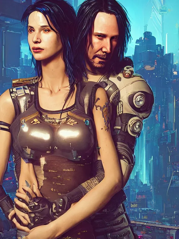 Image similar to a cyberpunk 2077 couple portrait of Keanu Reeves and V, ,love story,film lighting,by laurie greasley,Lawrence Alma-Tadema,William Morris,Dan Mumford,trending on atrstation,FAN ART,full of color,Digital painting,face enhance,highly detailed,8K, octane,golden ratio,cinematic lighting