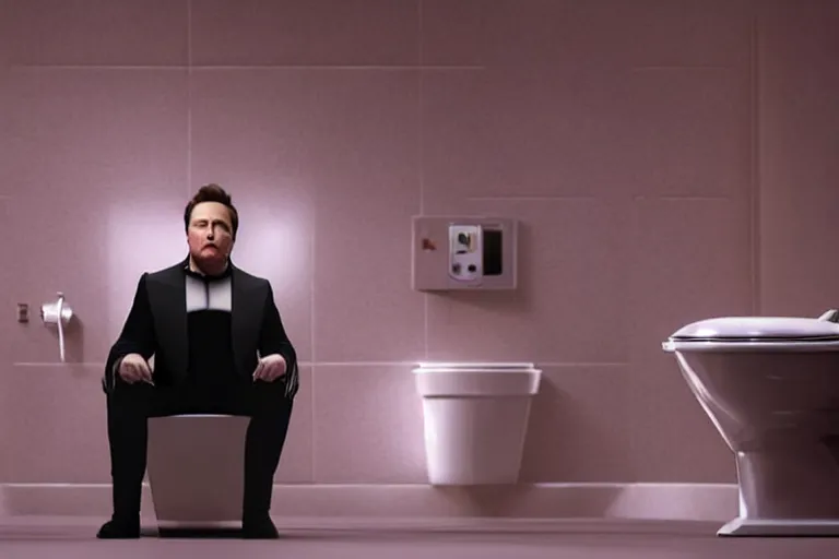 Image similar to hyperrealism aesthetic ridley scott and denis villeneuve style photography of a detailed hyperrealism elon musk, siting on a detailed hyperrealism toilet and scrolling his detailed smartphone in hyperrealism scene from detailed art house movie in style of alejandro jodorowsky and wes anderson volumetric ambient light