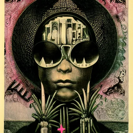 Image similar to post - punk new age album cover, asymmetrical design, dollar bank notes, capitalism, magic, apocalypse, psychedelic, black white pink, magic, giger h. r., giuseppe arcimboldo