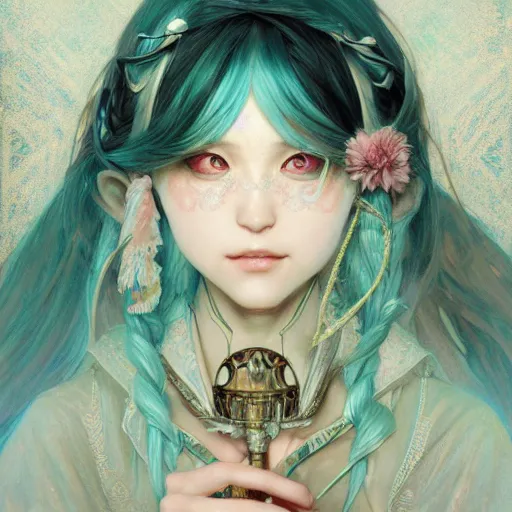 Image similar to a beautiful portrait of hatsune miku as a wizard, fantasy, intricate, elegant, highly detailed, digital painting, artstation, concept art, matte, sharp focus, illustration, art by greg rutkowski and alphonse mucha